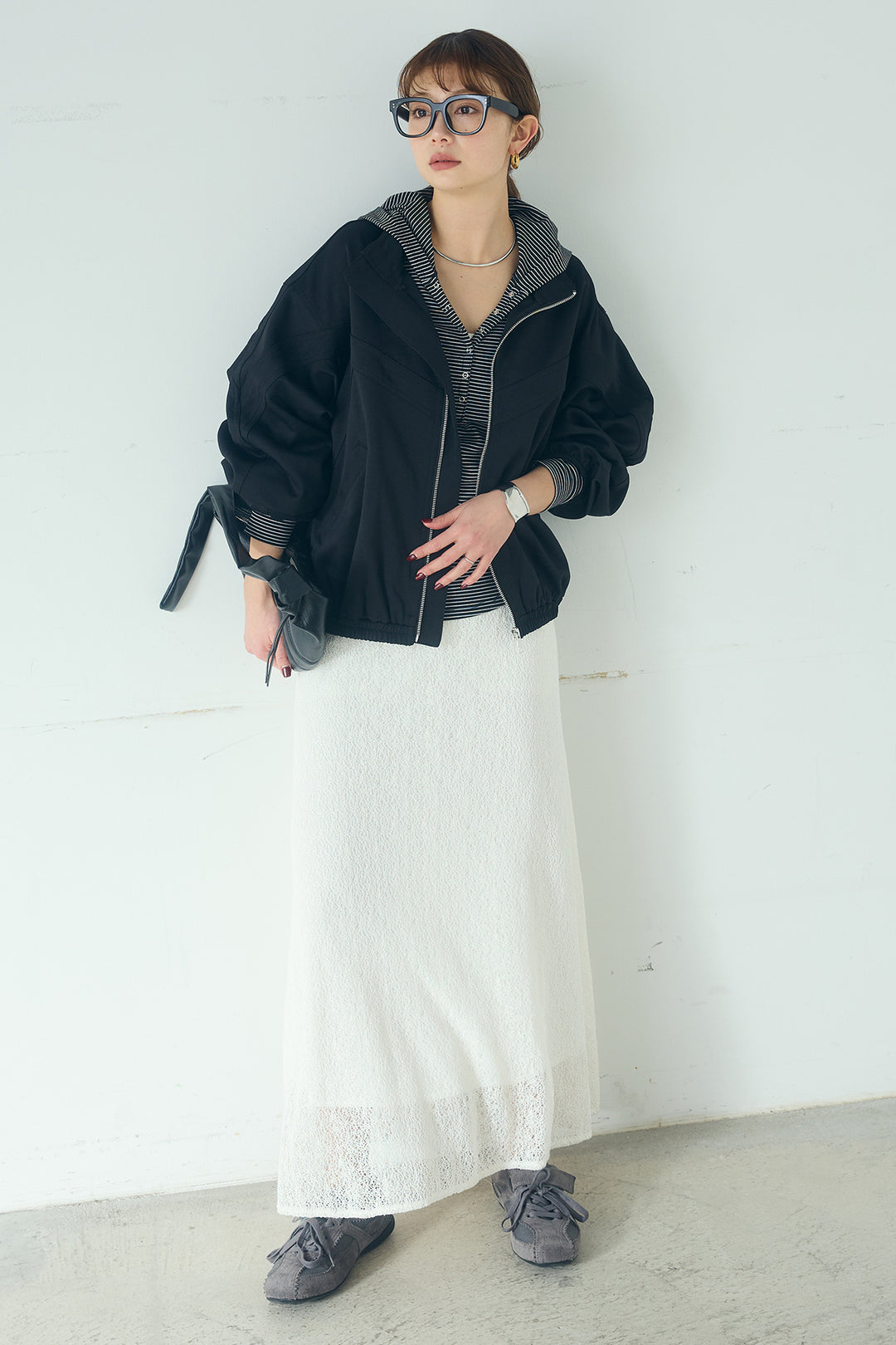 [SET]マルチ切り替えドルマンブルゾン+メッシュ刺繍ロングスカート+ボーダーフーディーロンT(3set)