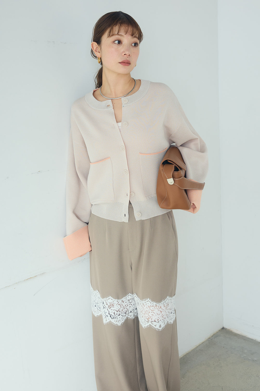 [SET]レーヨンポリダブルフェイスカーディガン+レース刺繍切替ワイドパンツ(2set)