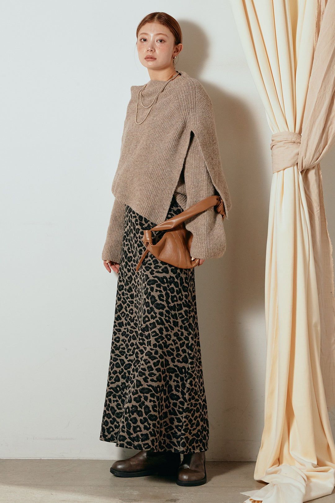 [SET]ケープデザインリブニットトップス+レオパードロングスカート(2set)