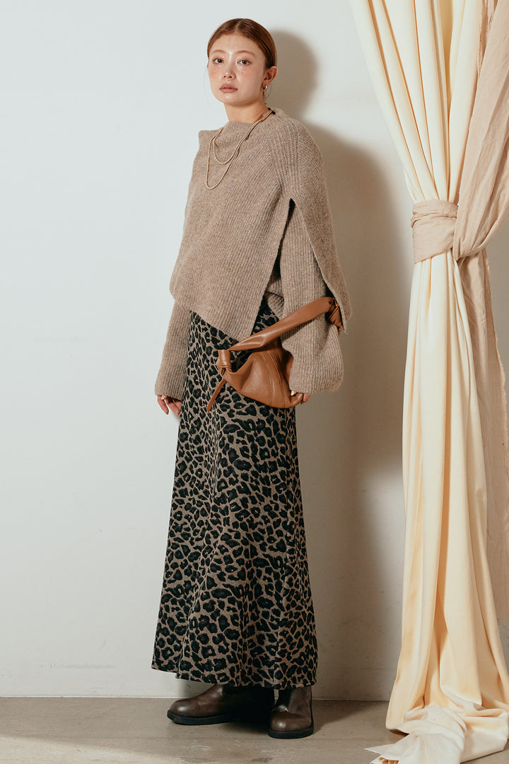 [SET]ケープデザインリブニットトップス+レオパードロングスカート(2set)