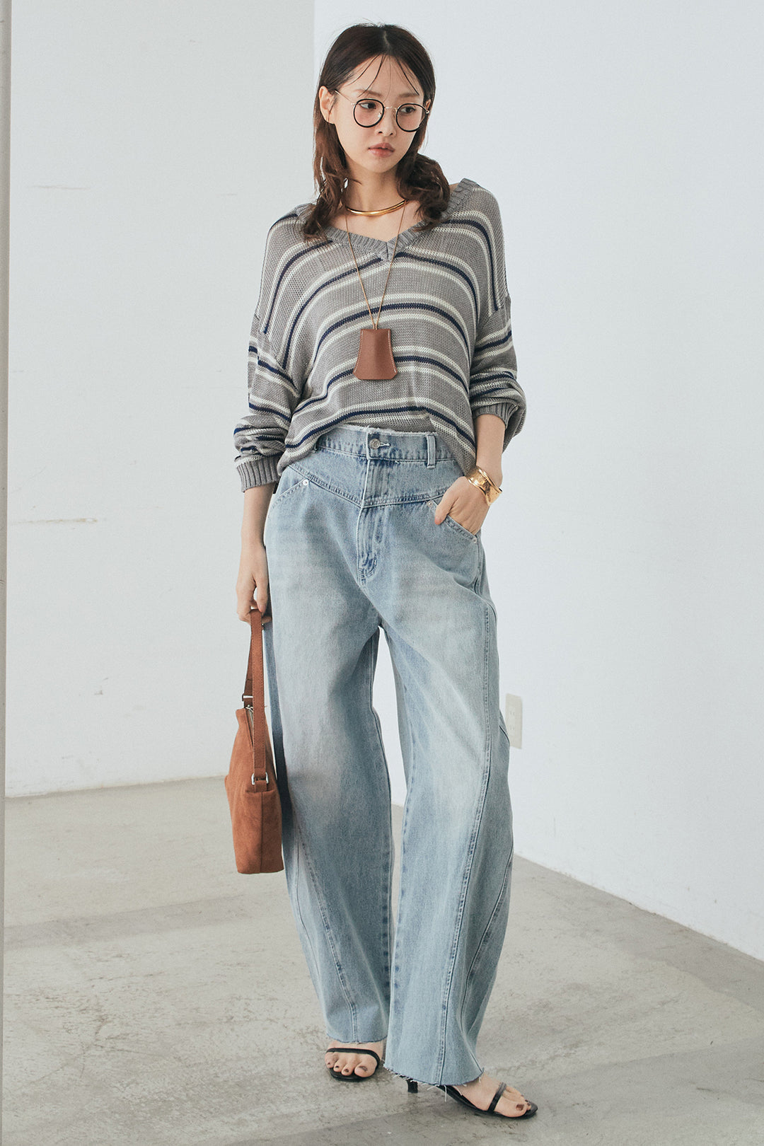 [SET]綿タッチVネックボーダートップス+デニムヨークパンツ(2set)