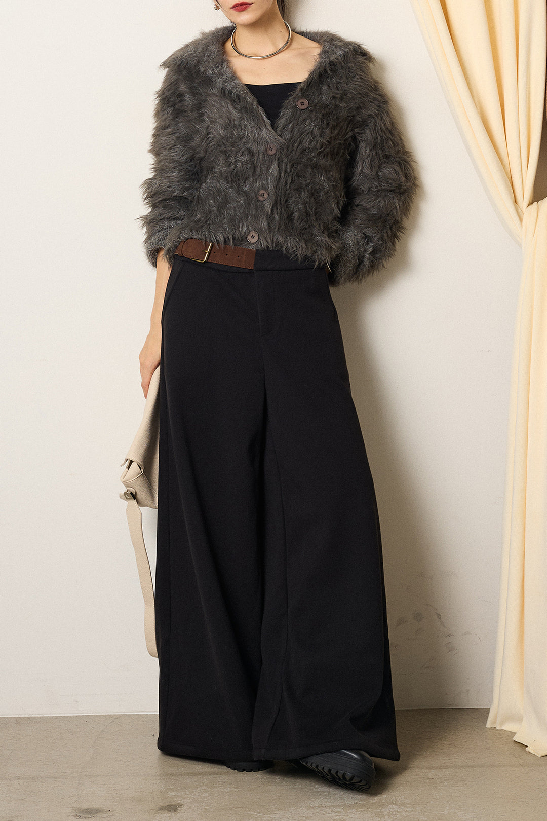 [SET]襟付きシャギーニットカーディガン+サイドベルトパンツ(2set)