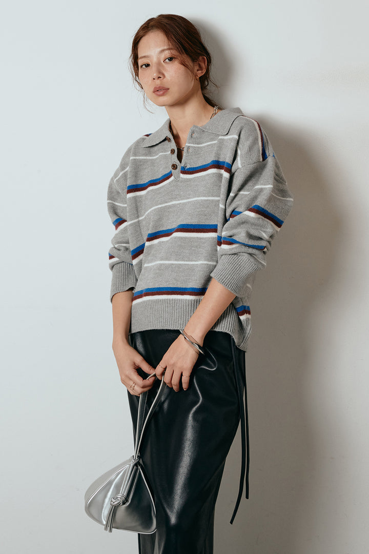 [SET]襟付きマルチボーダーニットポロトップス+紐付きフェイクレザーワイドスカート(2set)