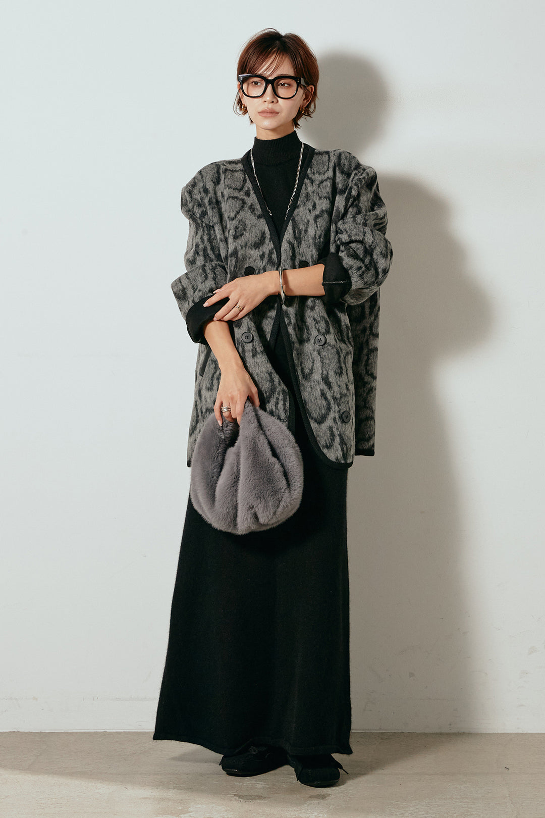[SET]ノーカラーレオパード柄アウター+ノースリーブニットロングワンピース(2set)