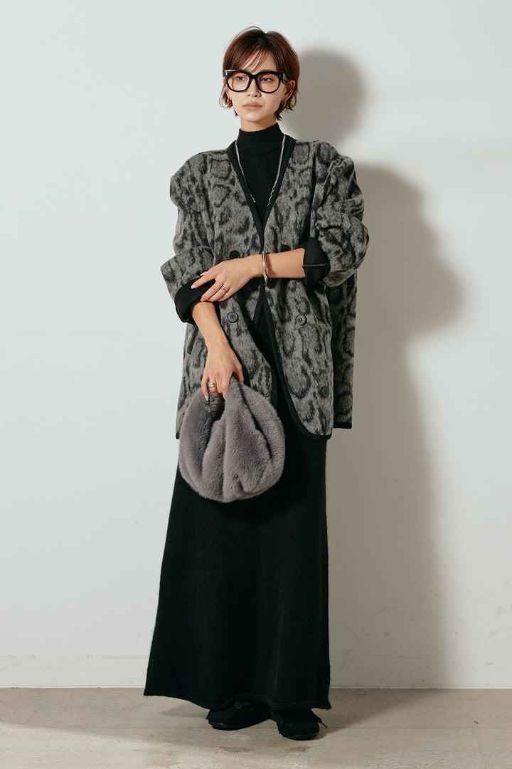[SET]ノーカラーレオパード柄アウター+ノースリーブニットロングワンピース(2set)