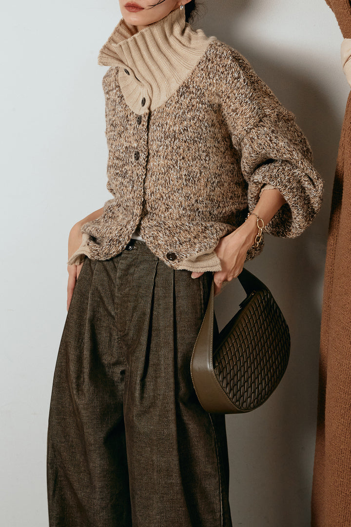 [SET]ハイネックミックスニットカーディガン+フロントタック入りコーデュロイパンツ(2set)