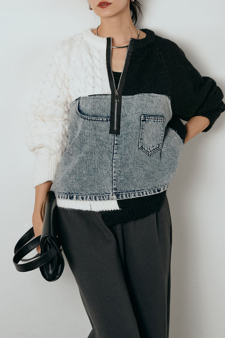 [SET]ハーフジップニットデニムドッキングトップス+裏起毛スウェットワイドパンツ(2set)