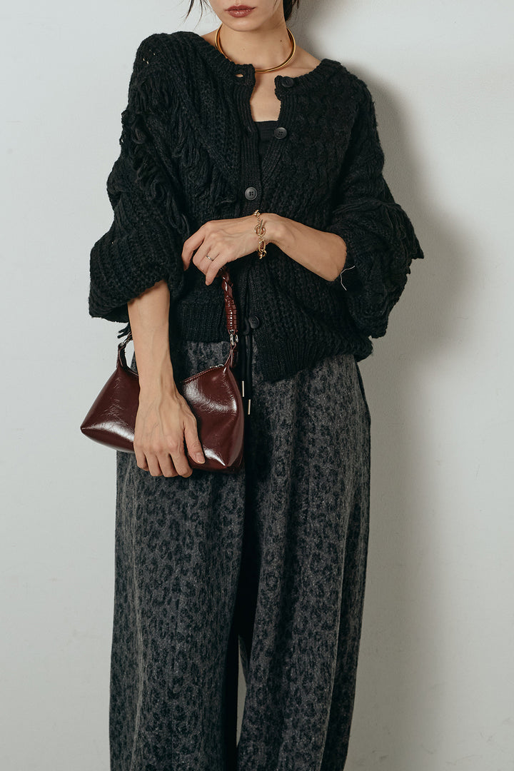 [SET]ランダムフリンジニットカーディガン+リラックスレオパード柄ワイドパンツ(2set)