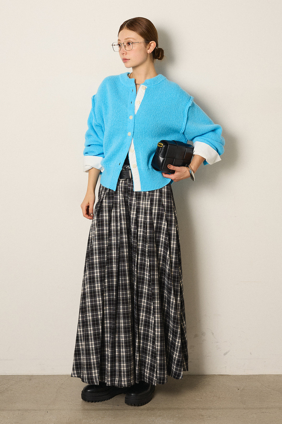 [SET]シャツドッキングニットカーディガン+ベルト付きタータンチェックプリーツスカート(2set)