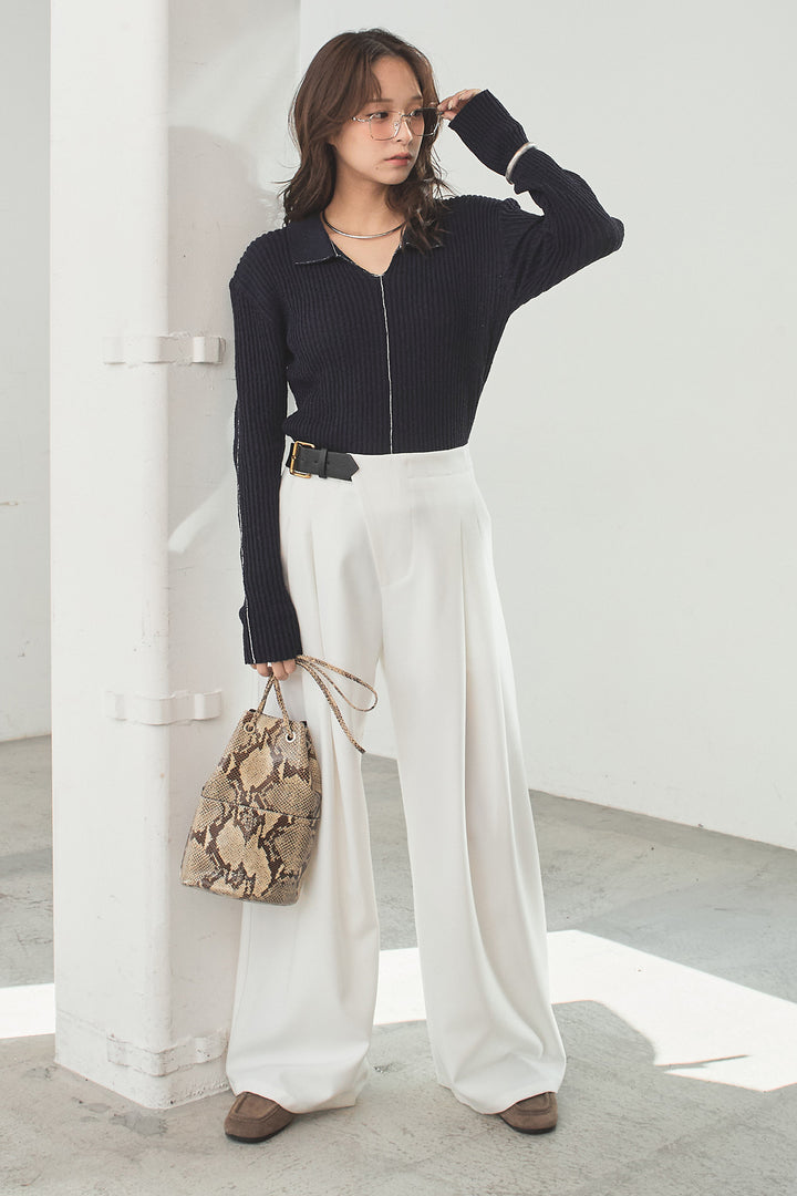 [SET]衿付きニットプルオーバー+サイドベルトタック入りスラックス(2set)