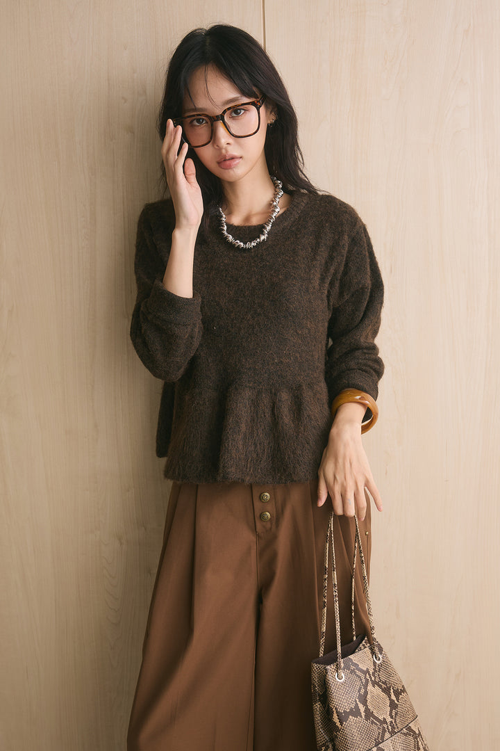 [SET]モヘアぺプラムクルーネックプルオーバー+ファイブボタンツータックワイドパンツ(2set)