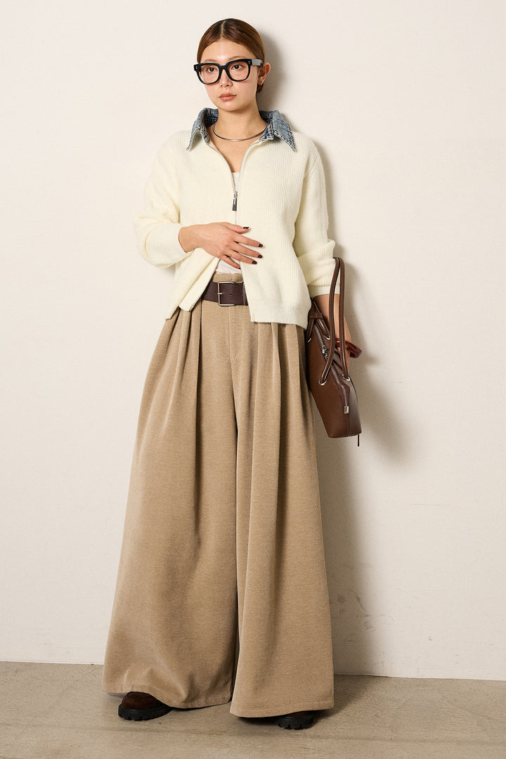 [SET]デニム襟ダブルジップニットトップス+ベルトループコーデュロイワイドパンツ(2set)