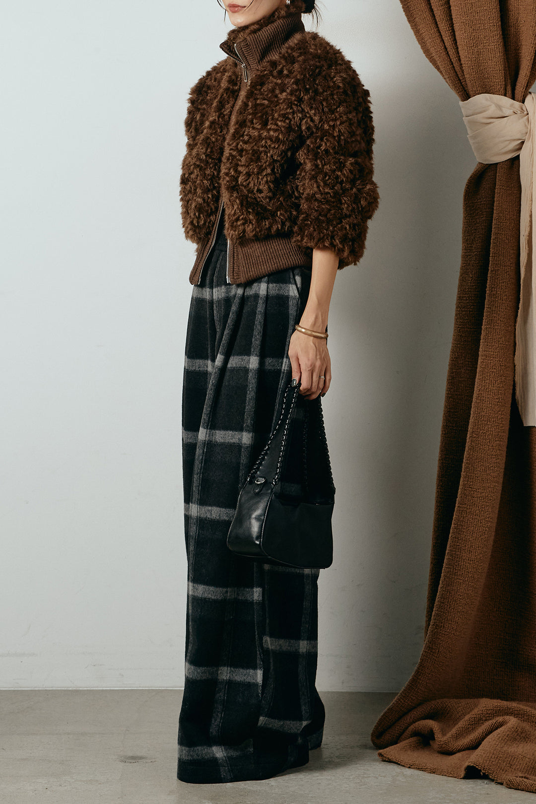 [SET]ハイネックショート丈ボアジップブルゾン+起毛タータンチェック柄ワイドパンツ(2set)