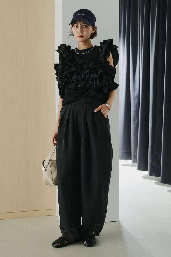 [SET]天竺ナイロンドッキングビスチェ風トップス+オーガンジータックパンツ(2set)