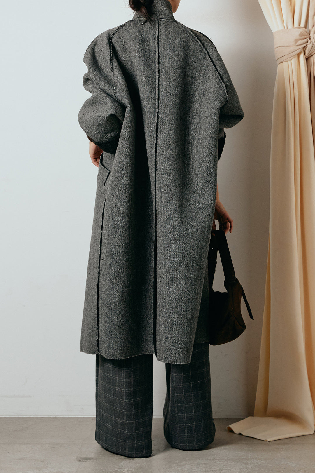 [SET]裏地ボアハイネックロングアウター+ウールライクチェックタックパンツ(2set)