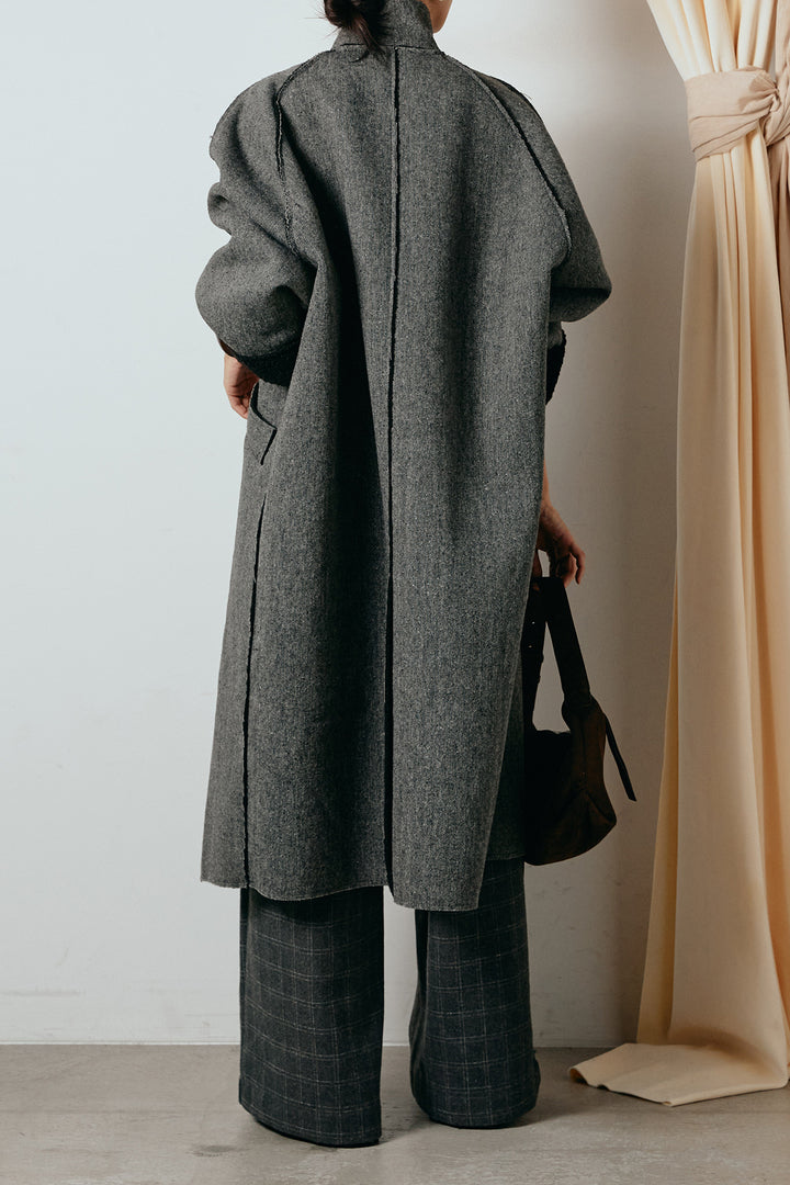 [SET]裏地ボアハイネックロングアウター+ウールライクチェックタックパンツ(2set)