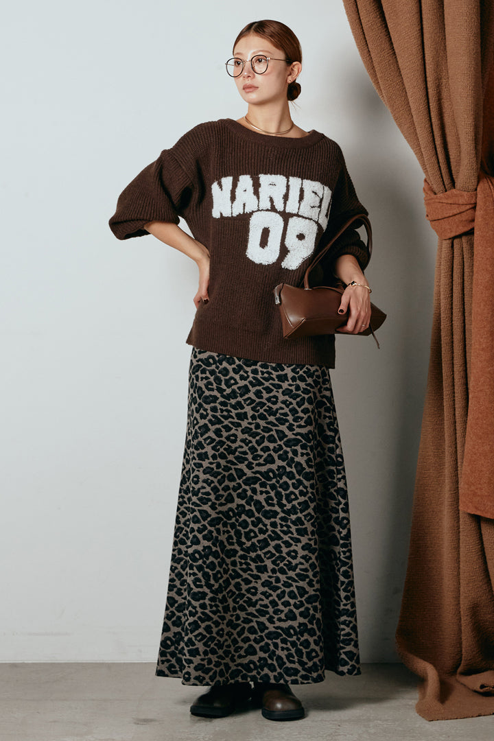 [SET]ロゴジャガードニットトップス+レオパードロングスカート(2set)