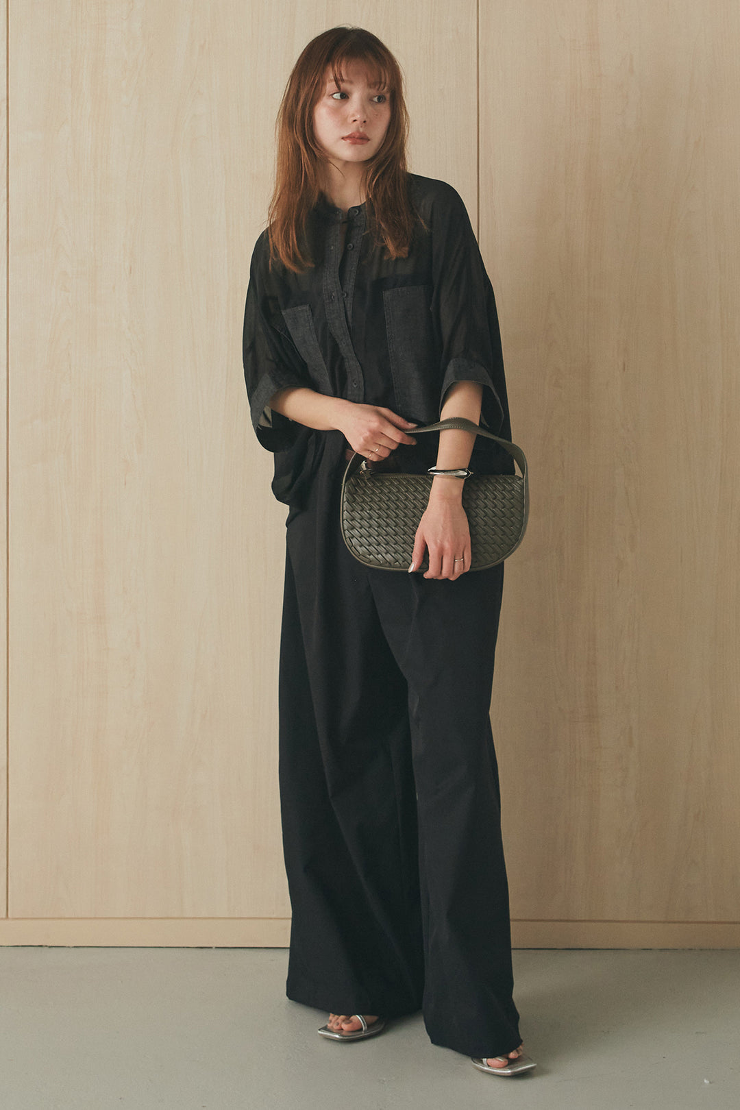 [SET]デニムライクビッグツーポケシアーシャツ+ベルトループデザインハイウエストタックパンツ(2set)