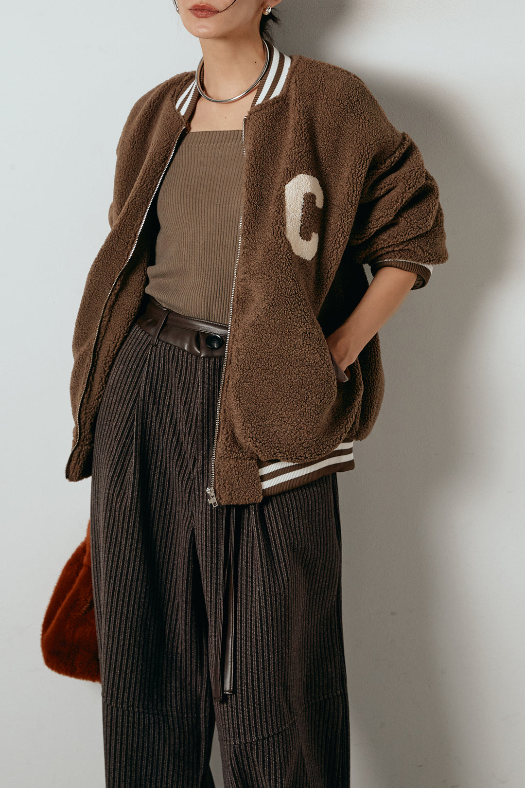 [SET]ロゴスタジャンボアブルゾン+レザーライク配色ストライプパンツ(2set)