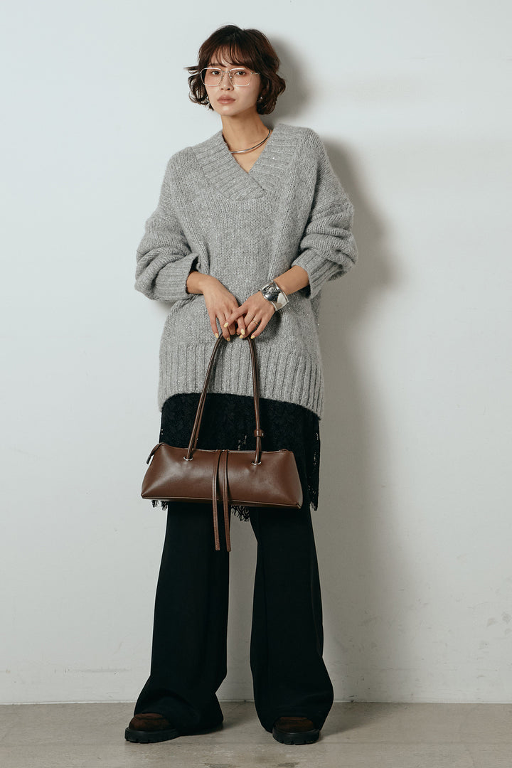 [SET]Vネックラメニットトップス+レース刺繍レイヤードフレアパンツ(2set)