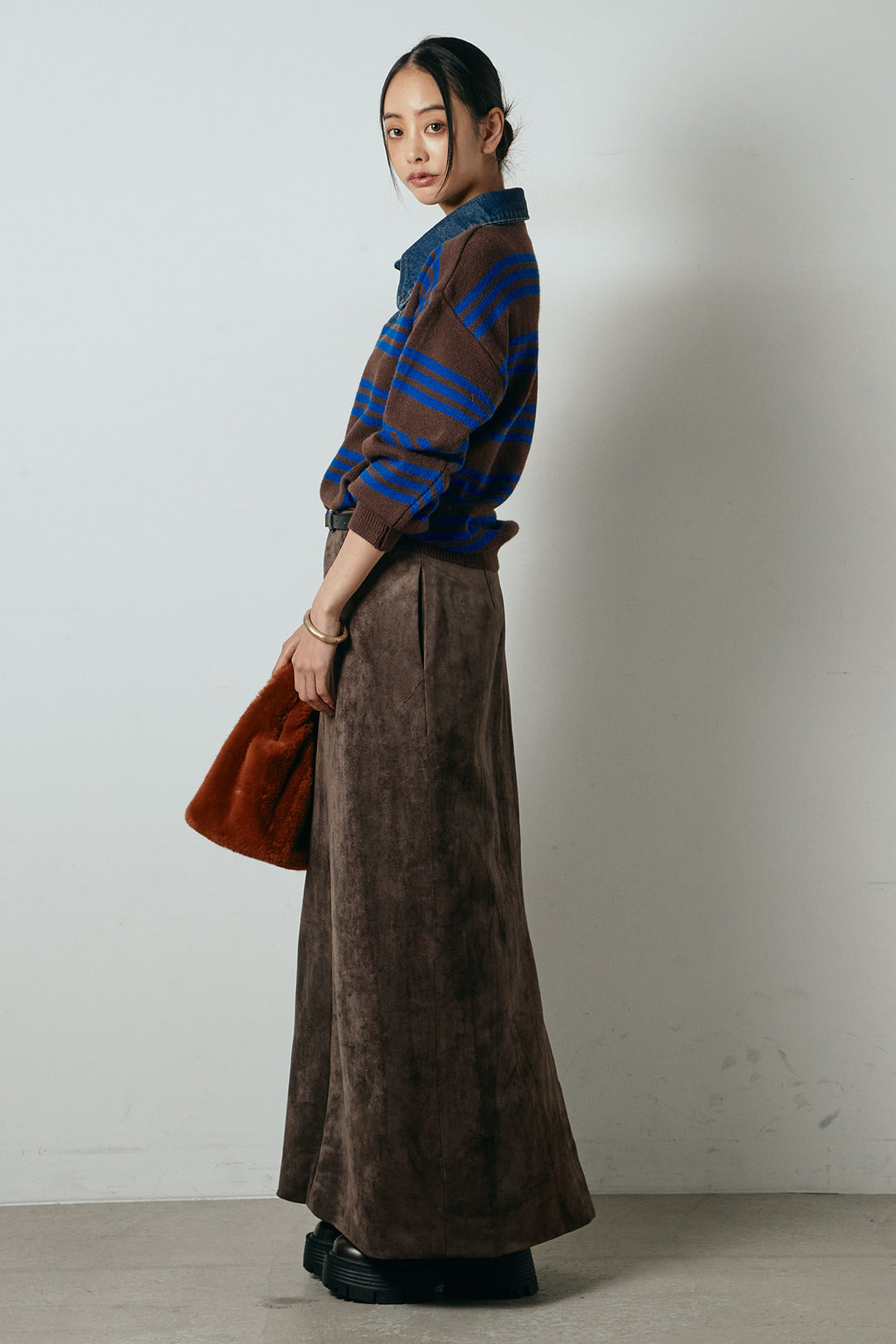 [SET]デニムレイヤード風ランダムボーダーニットプルオーバー+エコスウェードワイドスカート(2set)