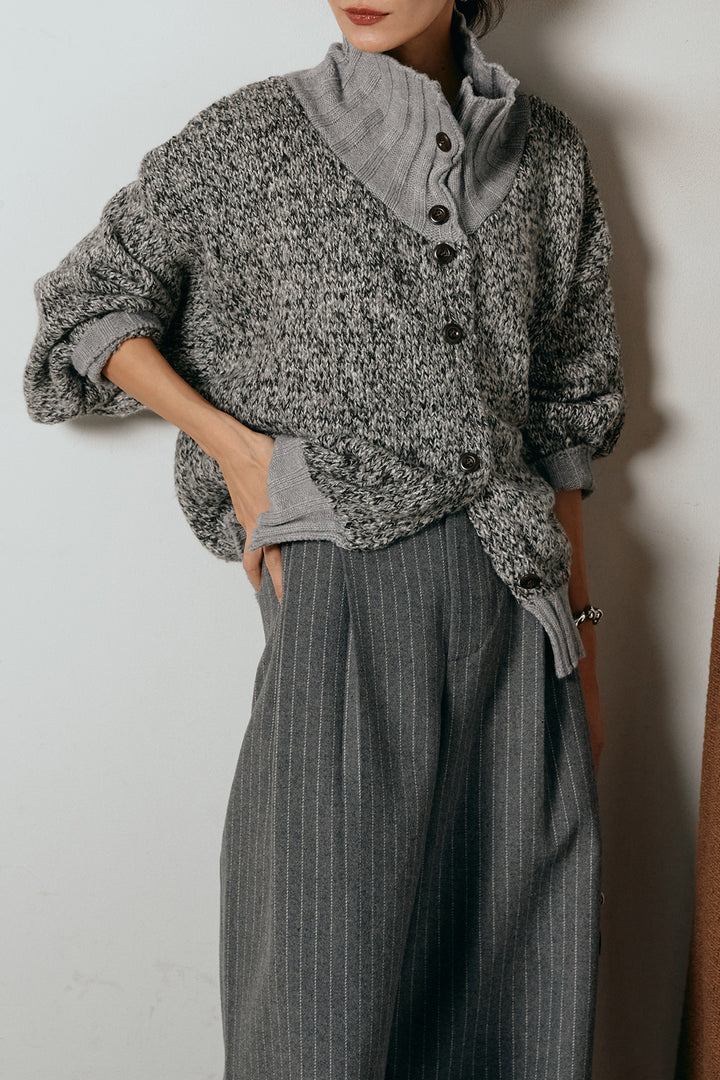 [SET]ハイネックミックスニットカーディガン+ウールライクストライプパンツ(2set)