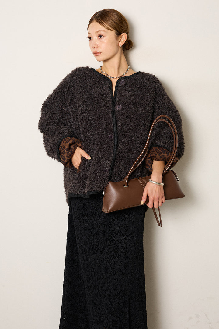 [SET]ノーカラー裏地レオパードボアアウター+花柄刺繍ベロアフレアスカート(2set)