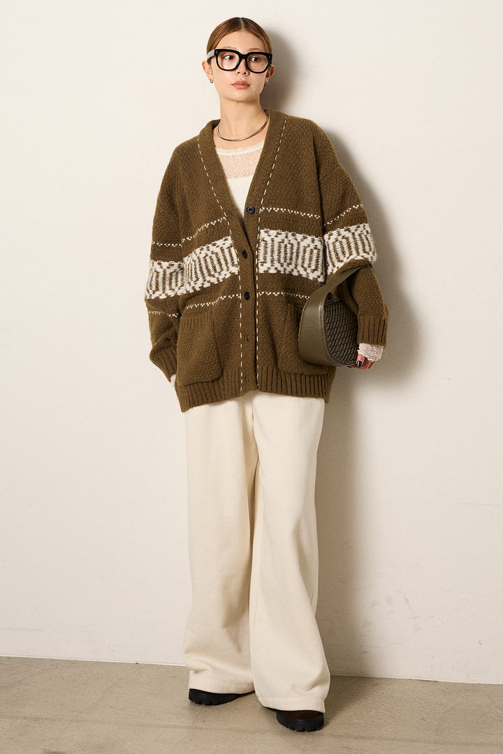 [SET]ライン柄ステッチニットカーディガン+裏起毛スウェットワイドパンツ(2set)