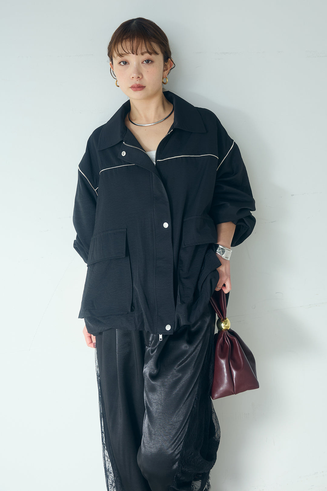 [SET]合繊ツイルバルーンジャケット+サテンレース切り替えタックパンツ(2set)