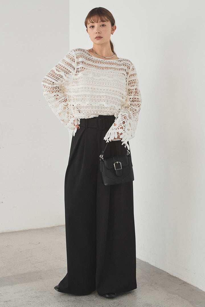 [SET]裾デザインメッシュプルオーバー+ベルト付きツータックワイドパンツ(2set)