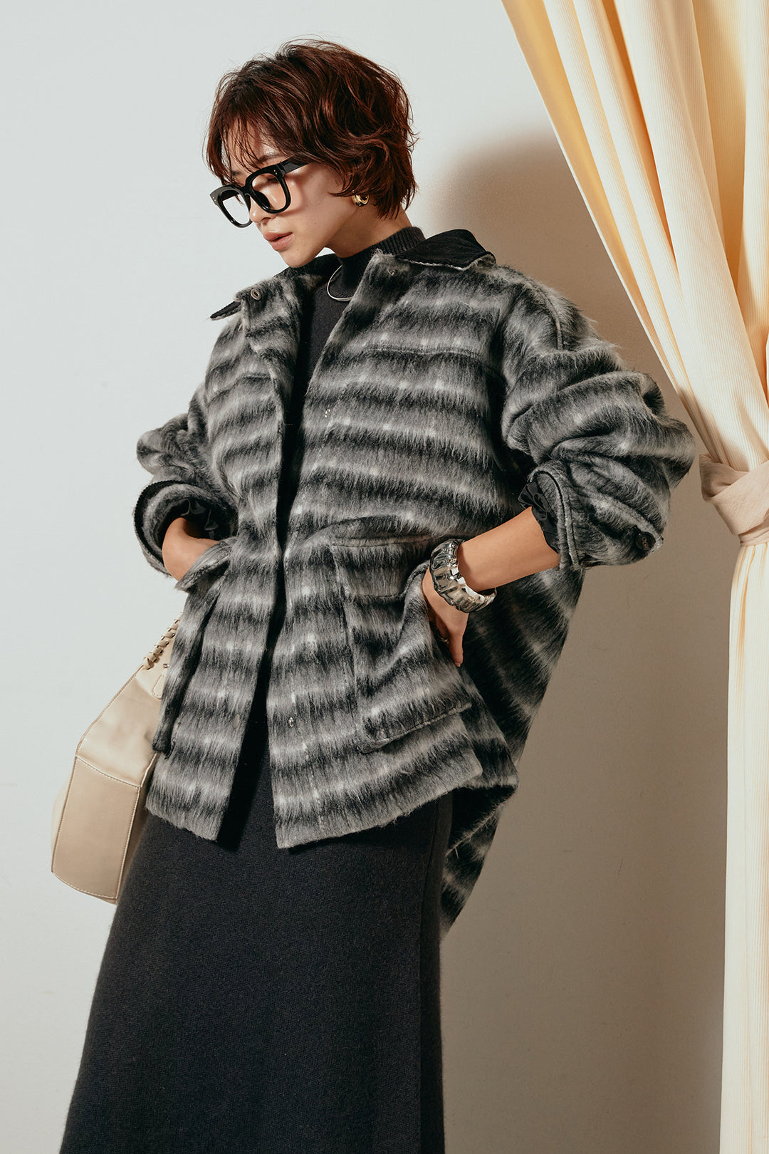 [SET]チェックシャギーミドルカバーオール+ノースリーブニットロングワンピース(2set)