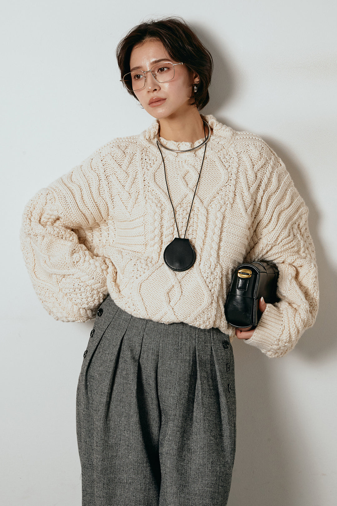 [SET]アラン柄ミックスケーブルニット+サイドボタンツイードタックパンツ(2set)