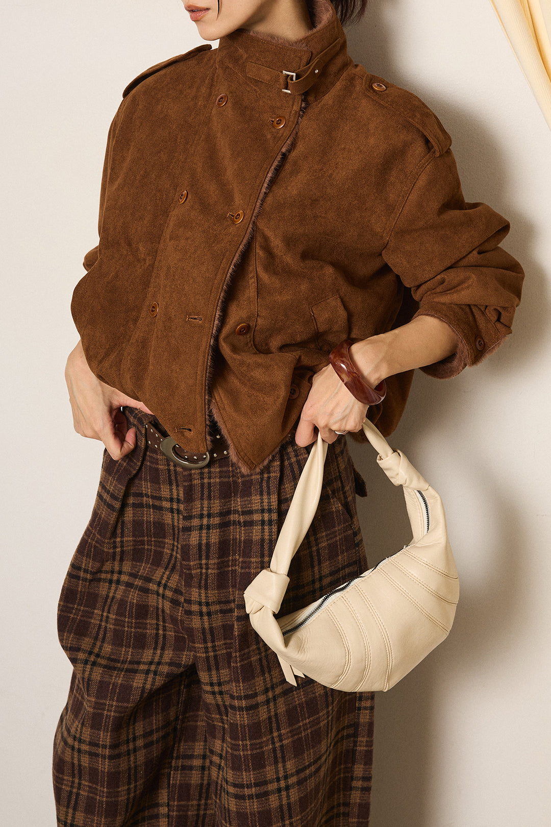 [SET]スタンド襟スウェードライクアウター+スタッズデザインベルトタータンチェックパンツ(2set)
