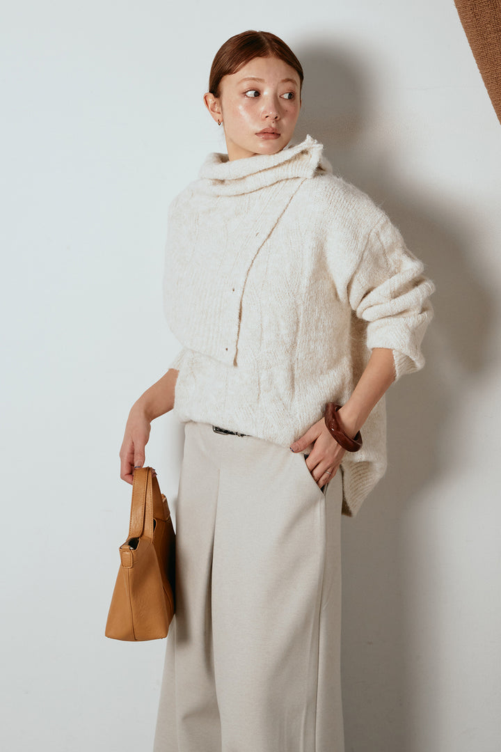 [SET]ケープデザインケーブルニットトップス+ベルト付きフロントタックデザインパンツ(2set)