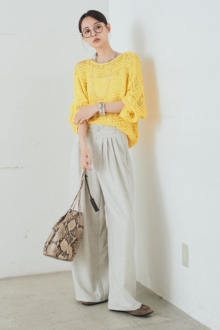 [SET]透かし編みリラックスニットトップス+ダブルボタンウエストタックワイドパンツ(2set)