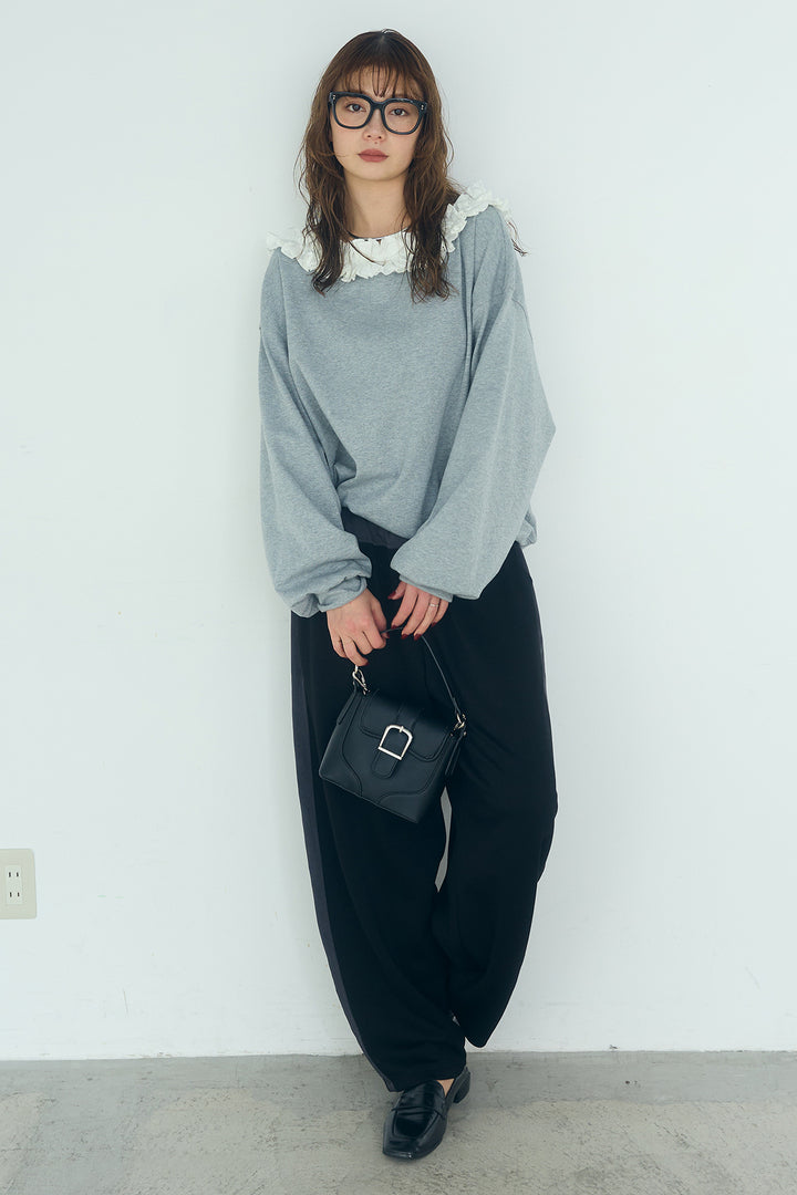 [SET]ネックギャザーフリルスウェット+異素材切り替えスウェットパンツ(2set)