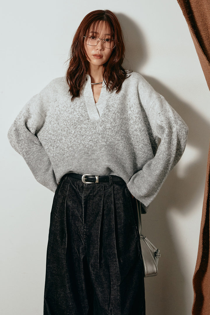 [SET]グラデーションラメニットキーネックプルオーバー+フロントタック入りコーデュロイパンツ(2set)