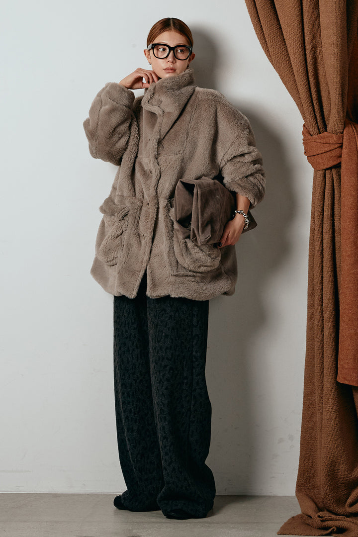 [SET]スタンドネックファーコート+レオパードジャガードニットパンツ(2set)