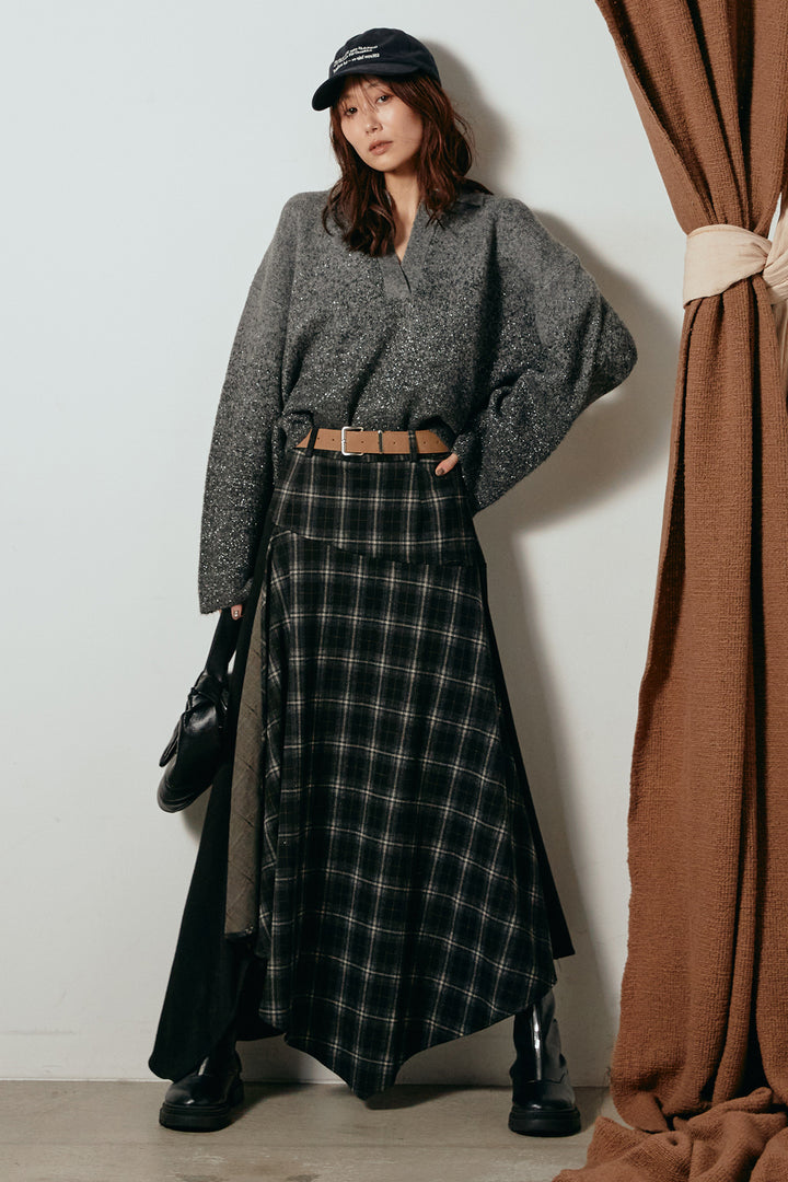 [SET]グラデーションラメニットキーネックプルオーバー+フェイクレザーベルト付き切り替えタータンチェックスカート(2set)