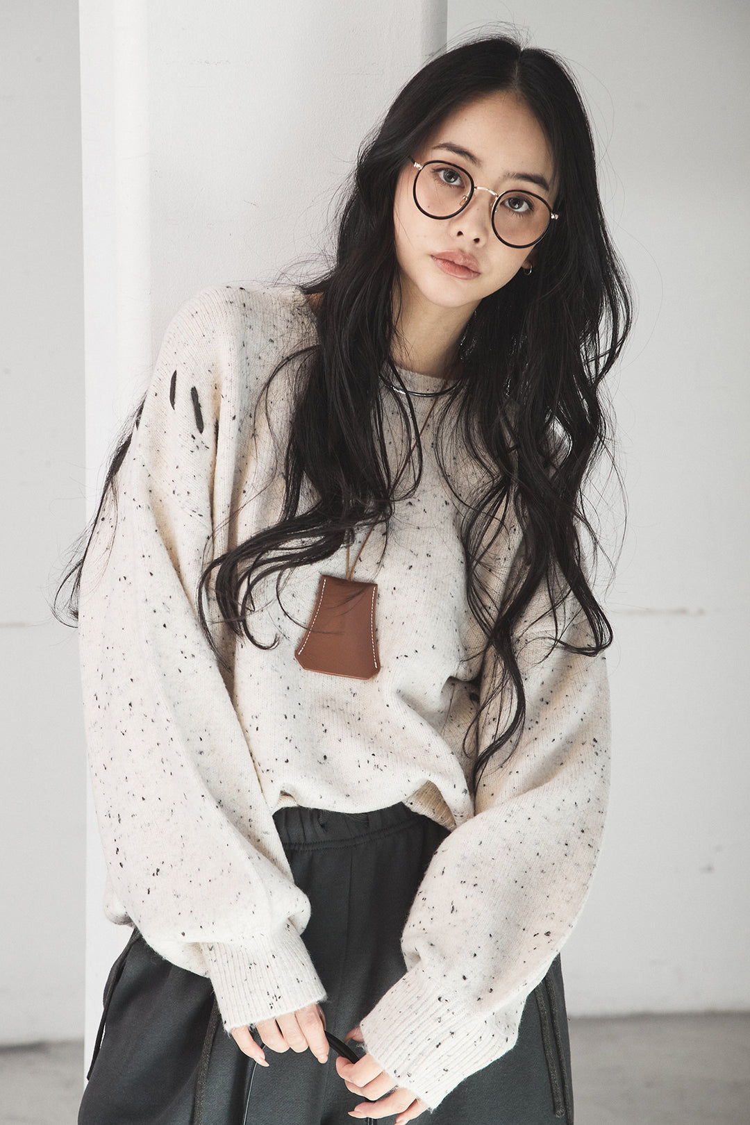 [SET]ネップ編み上げニットトップス+裏起毛スウェットワイドパンツ(2set)