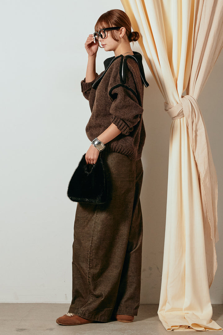 [SET]ハイネックジップデザインニットトップス+フロントタック入りコーデュロイパンツ(2set)