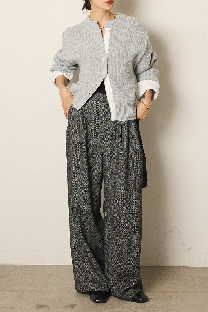 [SET]シャツドッキングニットカーディガン+タックツイードワイドパンツ(2set)
