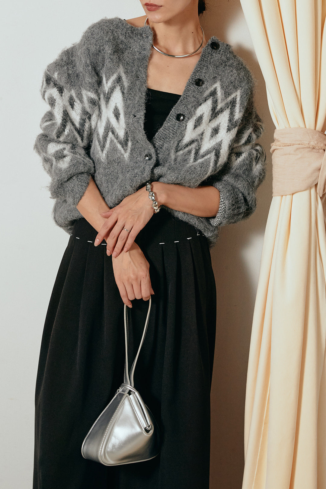 [SET]起毛ノルディック柄ニットカーディガン+ウエストステッチデザインワイドスラックス(2set)