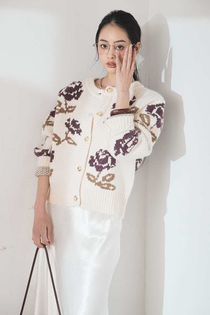 [SET]花柄ジャガードニットカーディガン+裾レースデザインサテンスカート(2set)