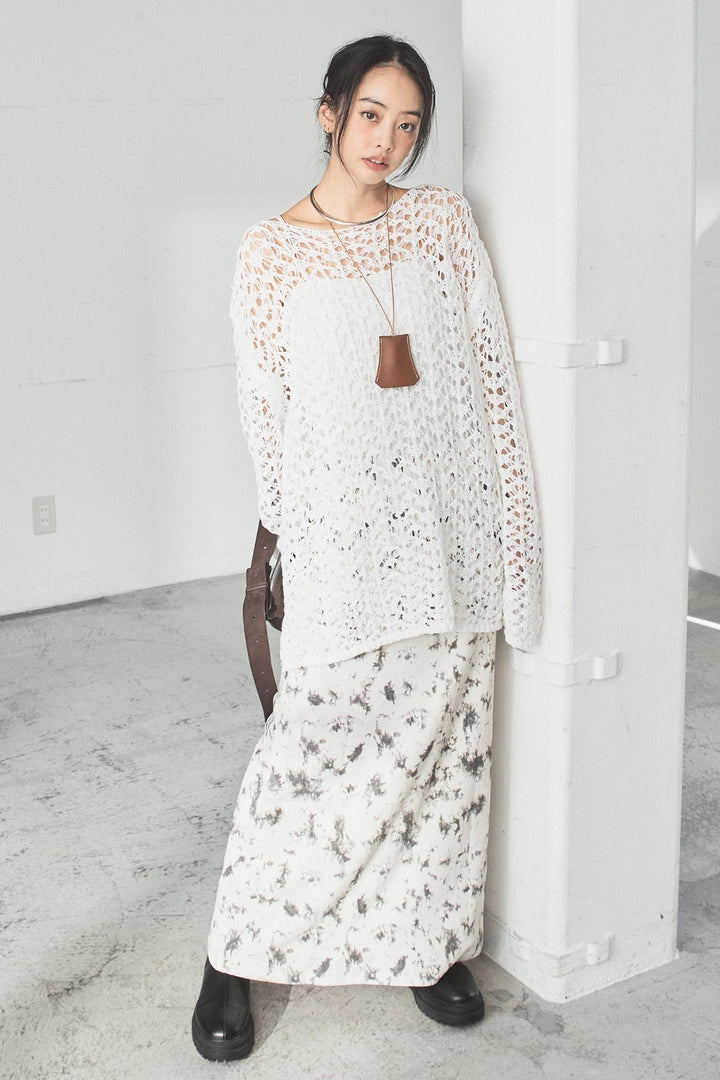 [SET]リラックスメッシュニットトップス+タイダイ柄ベロアワイドスカート(2set)