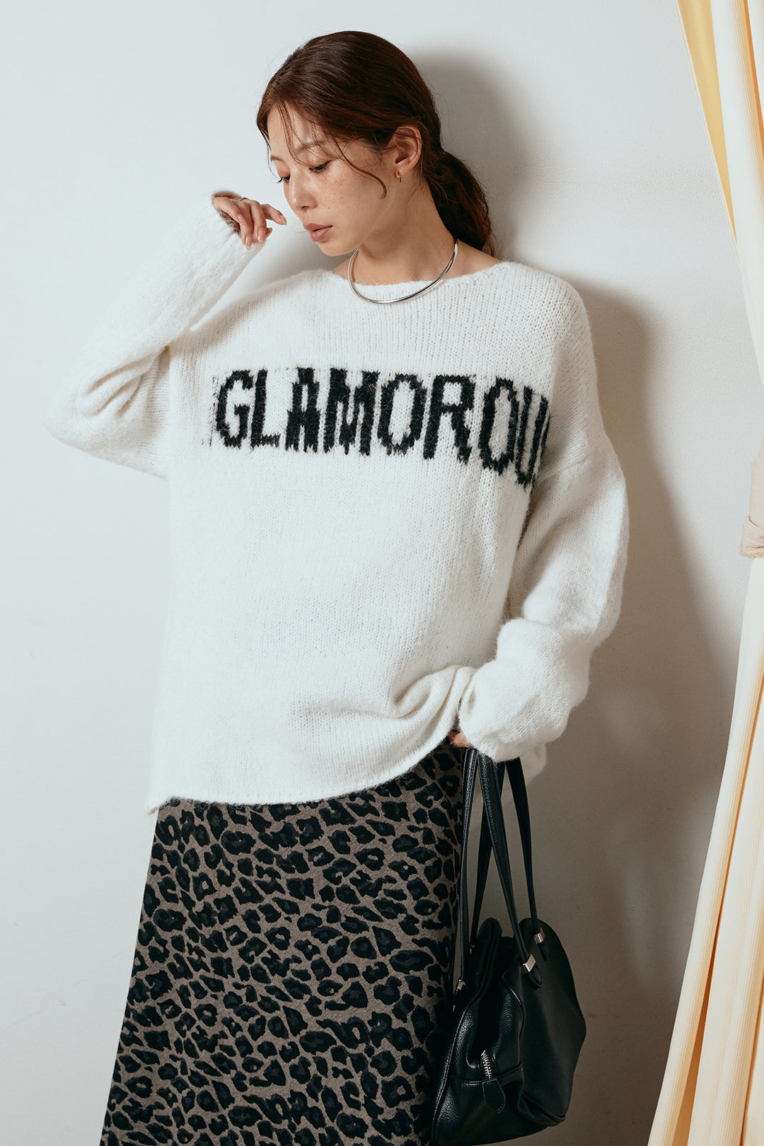 [SET]フロントロゴデザインニットトップス+レオパードロングスカート(2set)