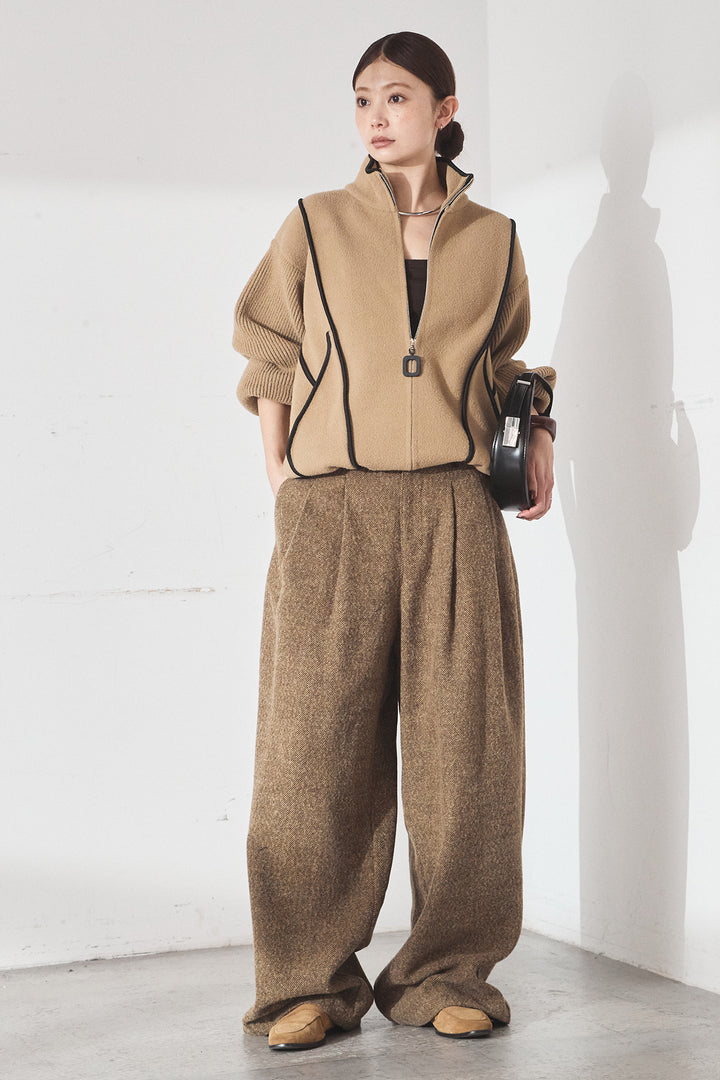 [SET]ハイネックパイピングデザインブルゾン+タックツイードワイドパンツ(2set)