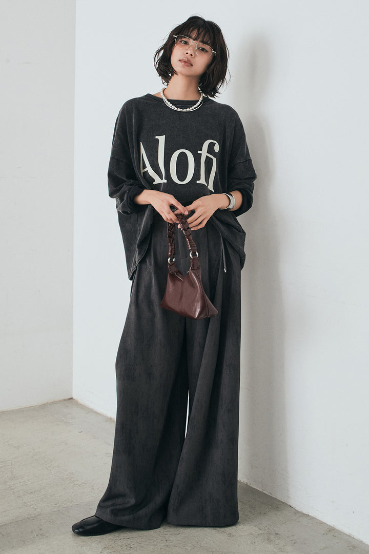 [SET]裾センタードロストロゴプリントワイドTシャツ+紐ベルト付きかすれ柄ワイドスラックス(2set)