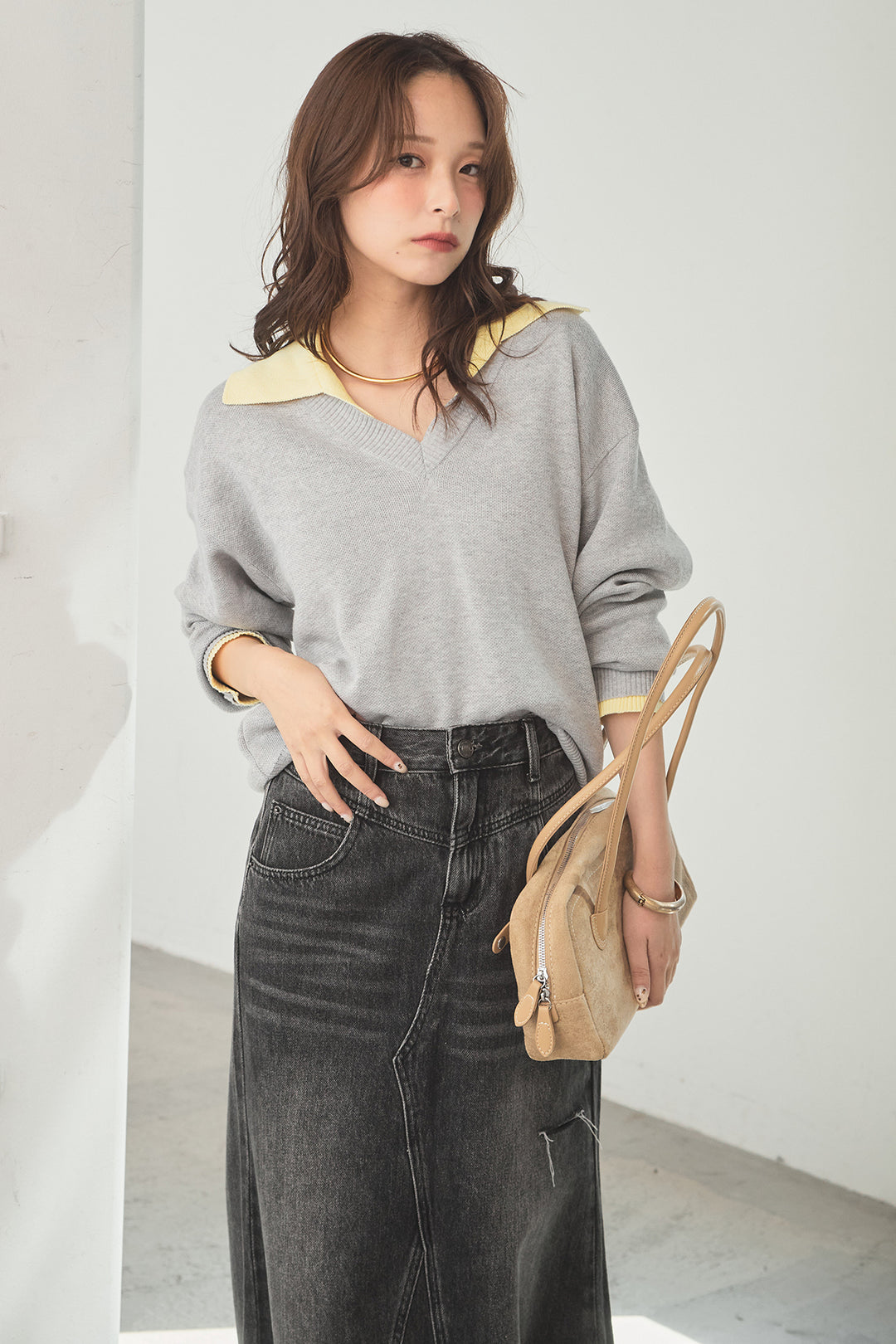 [SET]バイカラーニットレイヤード風プルオーバー+Aラインデニムスカート(2set)