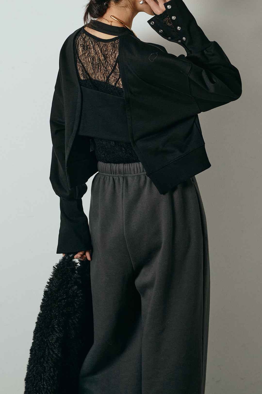 [SET]裏毛バックオープンプルオーバー+ストレッチレースクルーネックインナー(2set)